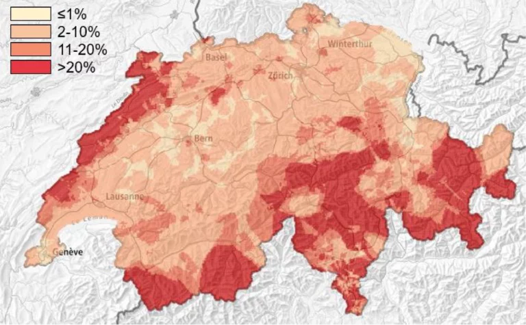 carte présentant les probabilités de dépassement de la valeur de référence du radon en suisse