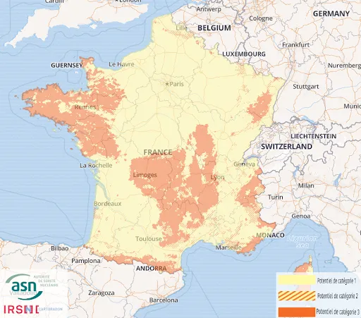 carte illustrant les différentes zones radon définies par la réglementation radon