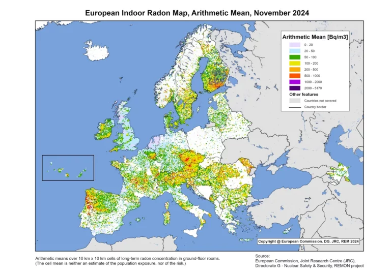 Radon exposure map of Europe. If an area has high concentrations, it is important to remediate the risk of radon exposure inside buildings.